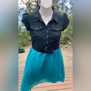 Black and Blue Casual Mini Sundress with Notched Collar